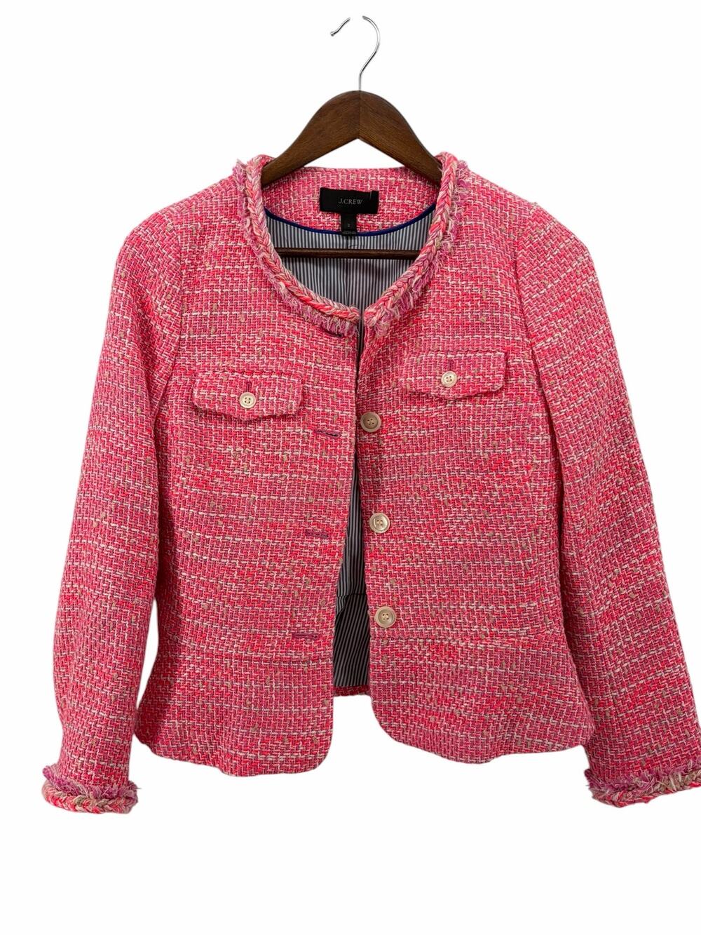 J.Crew Pink Tweed Peplum Jacket Women's Size 2 Fringe Trim Blazer G1959